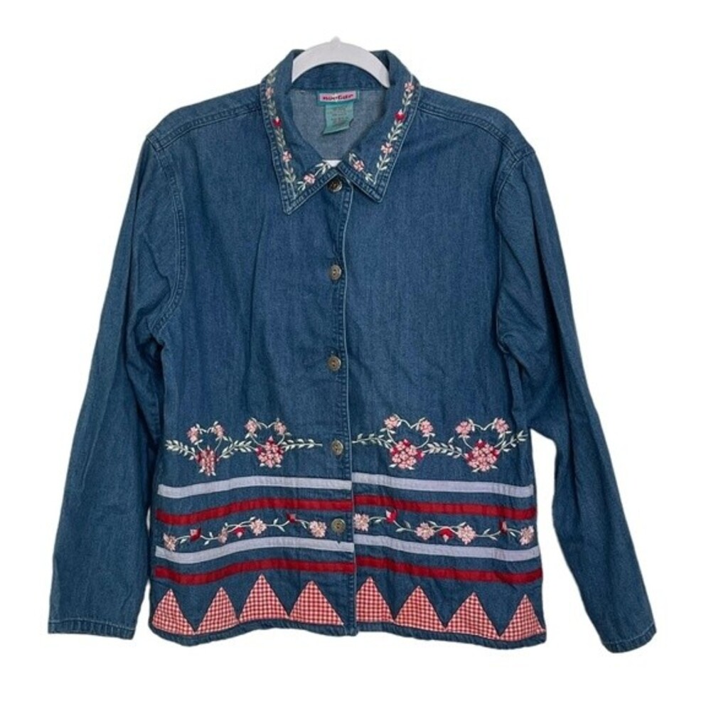 Nectar Denim Embroidered Floral Button Up Shirt Cotton Patchwork Gingham VTG L
